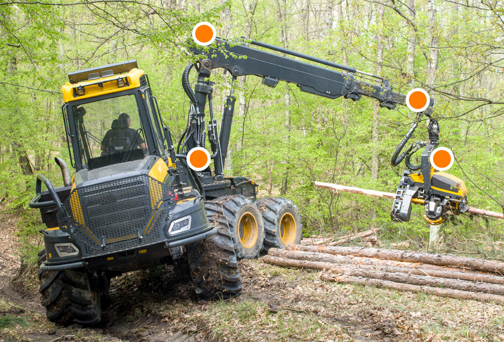 Forestry harvester with highlighted measuring points I/O modules MicroControl