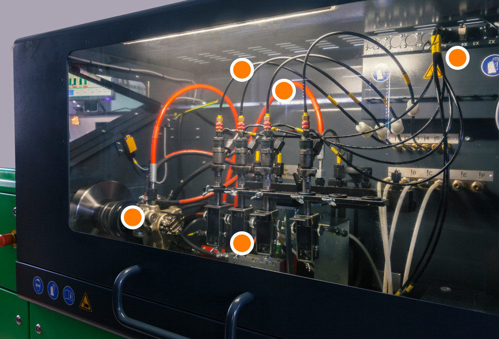Motor testing facility with highlighted measuring points I/O modules MicroControl