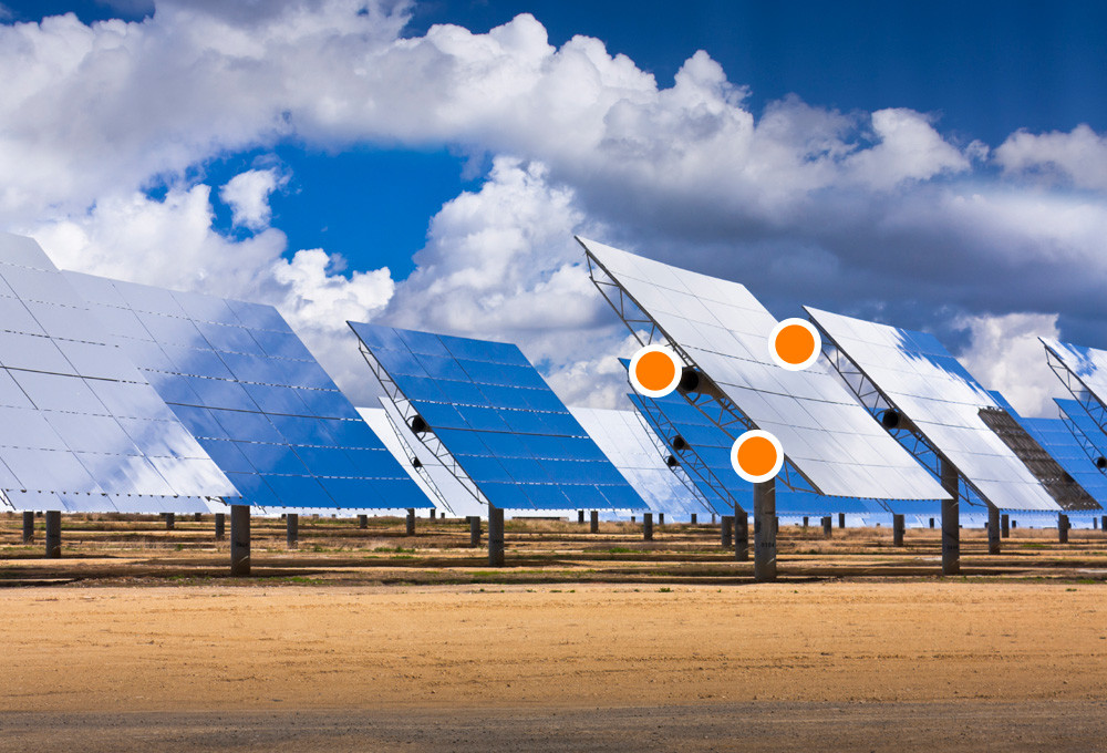 Solar power plant with highlighted measuring points I/O modules MicroControl